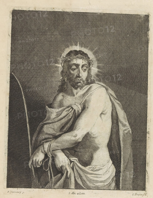 Ecce Homo, print, album page, Christ after the scourging and mockery. His hands are bound. He wears the crown of thorns and a cloak. In his hand a reed stalk as a scepter. This print is part of an album., printmaker: Jan van Troyen, Southern Netherlands (possibly), after painting by David Teniers, after painting by Padovanino, Italy, Brussels, grantor of privilege: Spanish crown, 1660, paper, etching, height 223 mm x width 173 mm, David Teniers probably produced an oil study on canvas or panel (so-called pasticcio) of all the paintings in the collection of Leopold William of Austria, which served as a model for the printmakers. It is not always clear whether the pasticci were made by him or by his studio. Not all pasticci have survived., Christ alone (also called 'Ecce Homo'), A black and white engraved image of a seated man shown from the waist up, with long wavy hair and a beard, wearing a crown of thorns and a radiating halo behind his head. He has a cloth draped over one shoulder a...