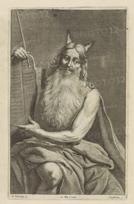 Moses with the Tablets of the Law, print, album page, This print is part of an album., printmaker: Peter van Liesebetten, Antwerp, after painting by Valentin de Boulogne, Italy, publisher: David Teniers (II), Brussels, grantor of privilege: Spanish Crown, 1660, paper, etching, height 243 mm x width 150 mm, David Teniers probably produced an oil study on canvas or panel (so-called pasticcio) of all the paintings in the collection of Leopold William of Austria, which served as a model for the printmakers. It is not always clear whether the pasticci were made by him or by his studio. Not all pasticci have been handed down., Moses (not in biblical context), possible attributes: rays of light or horns on his head, rod, Tables of the Law, A monochrome engraving shows an older bearded man seated, with long flowing hair and a full beard, wearing a draped garment over one shoulder and across his lap; he holds a tall tablet upright with one hand while the other hand gestures toward it, and a sta...