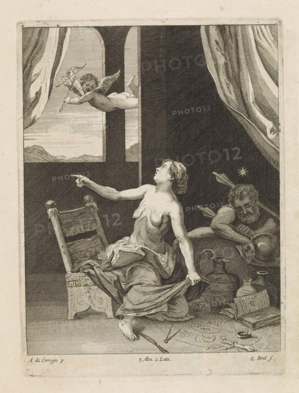 Amor with a sorceress and a sleeping soldier, print, album page, A half-naked sorceress with sagging breasts looks at Amor, who flies past her window. Surrounding her are magical attributes and inscriptions. On the right, a sleeping soldier. This print is part of an album., printmaker: Quirin Boel, Southern Netherlands, after painting by Correggio, Italy, publisher: David Teniers (II), Brussels, grantor of privilege: Spanish crown, 1660, paper, etching, engraving, etching and engraving, height 231 mm x width 171 mm, David Teniers probably produced an oil study on canvas or panel (so-called pasticcio) of all the paintings in the collection of Leopold William of Austria, which served as models for the printmakers. It is not always clear whether the pasticci were made by him or by his studio. Not all pasticci have survived., (story of) Cupid, Amor (Eros), the soldier, the soldier's life, witch(es), sorcerer(s) at work, A monochrome engraving shows an interior scene with a partially undres...