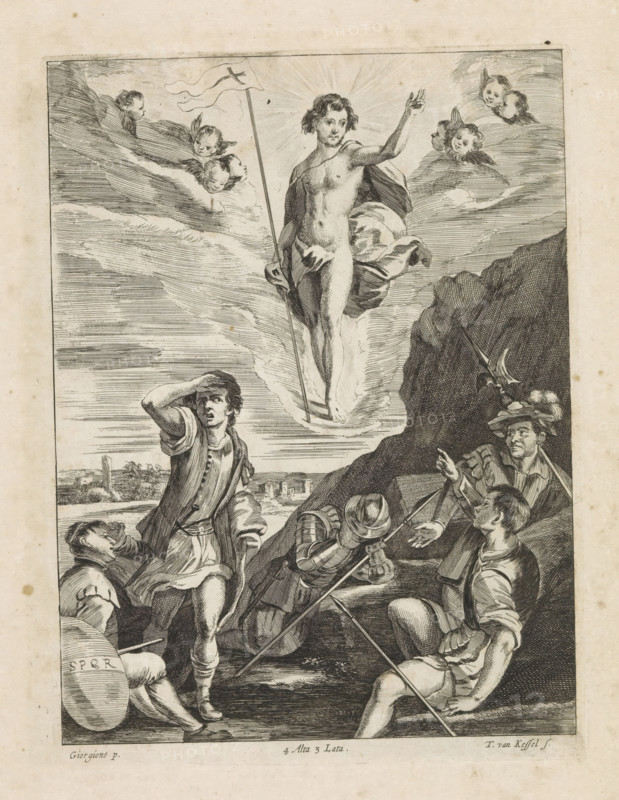 Resurrection of Christ, print, album page, Christ with banner rises and is surrounded by angels. The sleeping soldiers at his tomb are startled awake. This print is part of an album., printmaker: Theodorus van Kessel, Antwerp, after painting by Giorgione, Venice, after painting by anonymous, Veneto, publisher: David Teniers (II), Brussels, grantor of privilege: Spanish Crown, 1660, paper, etching, engraving, etching and engraving, height 231 mm x width 173 mm, Print after a painting by a Venetian painter located in the collection of the Kunsthistorisches Museum in Vienna (inventory number GG_347). David Teniers likely produced an oil study on canvas or panel (known as a pasticcio) of every painting in the collection of Leopold William of Austria, which served as models for the printmakers. It is not always clear whether the pasticci were made by him or by his studio. Not all pasticci have survived. Christ, usually holding a banner, emerges from the grave, often combined with sleeping a...