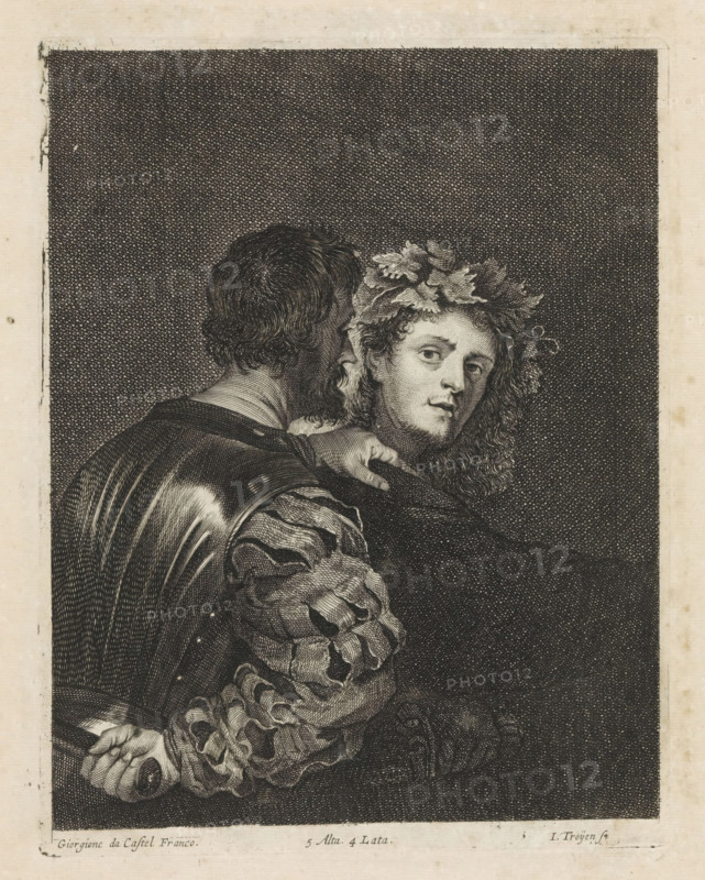 The Murderer (Il Bravo), print, album page, An armed man grabs his victim by the shoulder, while hiding a dagger behind his back. The other man, with vine leaves in his hair, turns around. This print is part of an album., printmaker: Jan van Troyen, Southern Netherlands (possibly), after painting by Giorgione, Venice, after painting by Titian (attributed to), publisher: David Teniers (II), Brussels, grantor of privilege: Spanish Crown, 1660, Attributed to, paper, etching, engraving, etching and engraving, height 227 mm x width 176 mm, Print after the painting by (attributed to) Titian which is in the collection of the Kunsthistorisches Museum in Vienna (inventory number GG_64). David Teniers probably produced an oil study on canvas or panel (so-called pasticcio) of all the paintings in the collection of Leopold William of Austria, which served as a model for the printmakers. It is not always clear whether the pasticci were made by him or by his studio. Not all pasticci have survived., ...