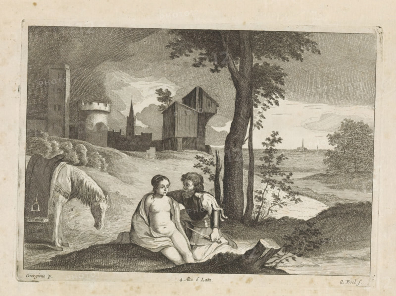Woman and a soldier in a landscape, print, album page, A man with a dagger kneels beside a naked woman under a tree. On the left, a saddled horse. Buildings in the distance. This print is part of an album., printmaker: Quirin Boel, Southern Netherlands, after painting by Giorgione, Venice, publisher: David Teniers (II), Brussels, grantor of privilege: Spanish Crown, 1660, paper, etching, engraving, etching and engraving, height 176 mm x width 242 mm, David Teniers probably produced an oil study on canvas or panel (so-called pasticcio) of all the paintings in the collection of Leopold William of Austria, which served as a model for the printmakers. It is not always clear whether the pasticci were made by him or by his studio. Not all pasticci have survived., landscapes in the temperate zone, the soldier, the soldier's life, the (nude) human figure, 'Corpo humano' (Ripa) - AA - female human figure (sitting on the ground), A monochrome engraving showing a seated partially draped woman and...
