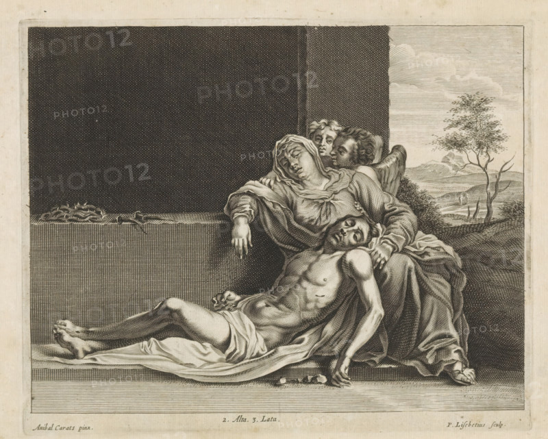 Lamentation of Christ (Pieta), print, album page, The grieving Mary leans with two angels on a block of stone. Christ's head rests on her lap. Beside her lie the instruments of the Passion, the crown of thorns and the nails. Behind her, a view of a hilly landscape. This print is part of an album., printmaker: Peter van Liesebetten, Antwerp, after painting by Annibale Carracci, Italy, publisher: David Teniers (II), Brussels, grantor of privilege: Spanish crown, 1660, Peter van Liesebetten, Annibale Carracci, David Teniers (II), Spanish crown, printmaker, after painting by, publisher, grantor of privilege, paper, engraving, height 168 mm x width 205 mm, Print after the painting by Carracci which is in the collection of the Kunsthistorisches Museum in Vienna (inventory number: GG_230). David Teniers probably produced an oil study on canvas or panel (so-called pasticcio) of all the paintings in the collection of Leopold William of Austria, which served as a model for the printmakers. It is...