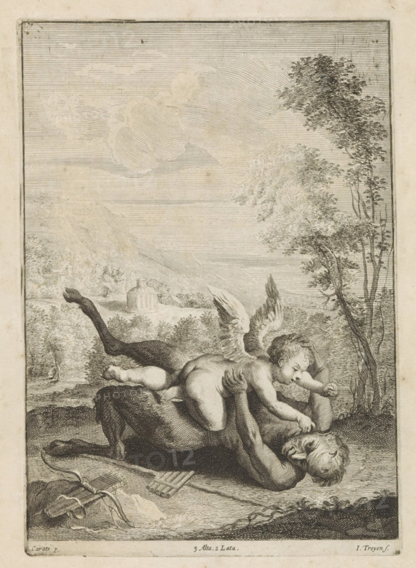 Battle between Cupid and Pan, print, album page, Beside them lie their attributes. In the background a mountain landscape with a round building. This print is part of an album., printmaker: Jan van Troyen, Southern Netherlands (possibly), after painting by David Teniers (II), after painting by Annibale Carracci, Italy, Brussels, grantor of privilege: Spanish Crown, 1660, paper, etching, engraving, height 242 mm x width 170 mm, Print after the painting by Carracci which is in the collection of The Courtauld Gallery in London. The painted copy by Teniers is in the Princes Gate Collection. David Teniers probably produced an oil study on canvas or panel (so-called pasticcio) of every painting in the collection of Leopold William of Austria, which served as models for the printmakers. It is not always clear whether the pasticci were made by him or by his studio. Not all pasticci have survived., Cupid vanquishing Pan, A monochrome etched scene shows a reclining adult male figure partly on hi...