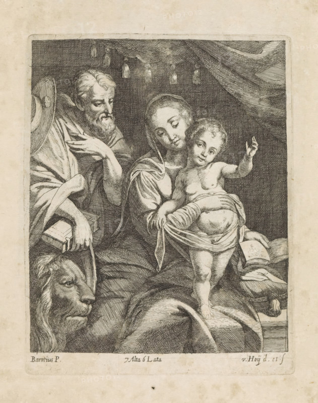 Mary with the Christ Child beside St. Jerome, print, album page, Mary shows an open book. This print is part of an album., printmaker: Nikolaas van Hoy, Vienna, after painting by Federico Barocci, Italy, publisher: David Teniers (II), Brussels, grantor of privilege: Spanish Crown, 1660, Lower Austria, paper, etching, height 174 mm x width 139 mm, David Teniers probably produced an oil study on canvas or panel (so-called pasticcio) of all the paintings in the collection of Leopold William of Austria, which served as a model for the printmakers. It is not always clear whether the pasticci were made by him or by his workshop. Not all pasticci have survived., the monk and hermit Jerome (Hieronymus), possible attributes: book, cardinal's hat, crucifix, hourglass, lion, skull, stone, Mary sitting or enthroned, the Christ-child in front of her, standing in her lap (or in front of her bosom), A detailed black and white engraving shows three human figures and an animal head within a bordered re...