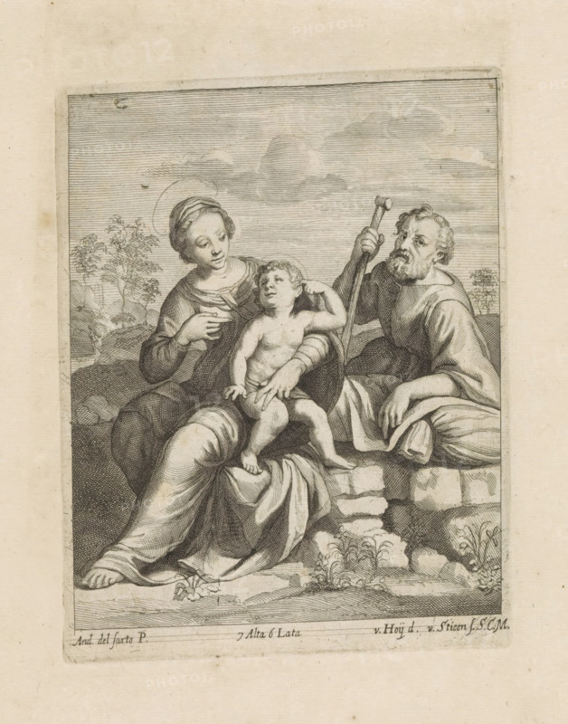 Holy Family in a landscape, print, album page, Christ stands by Mary. Joseph leans on a sack on a wall. This print is part of an album., printmaker: Frans van der Steen, Vienna, after drawing by Nikolaas van Hoy, after painting by Andrea del Sarto, Italy, publisher: David Teniers (II), Brussels, grantor of privilege: Spanish crown, 1660, Lower Austria, paper, etching, engraving, etching and engraving, height 179 mm x width 141 mm, David Teniers probably produced an oil study on canvas or panel (so-called pasticcio) of all the paintings in the collection of Leopold William of Austria, which served as models for the printmakers. It is not always clear whether the pasticci were made by him or by his studio. Not all pasticci have been preserved., landscapes in the temperate zone, Holy Family (alone), 'Trinitas terrestris', A monochrome engraved scene shows three figures seated on a stone ledge with a horizontal lined sky and distant foliage behind them. A woman on the left wears draped clo...