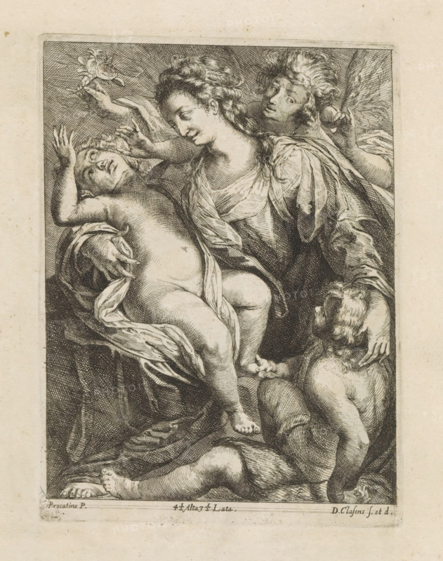 Mary with the Christ Child and St. John, print, album page, Behind them an angel. This print is part of an album., printmaker: D. Claessens, Southern Netherlands, after painting by Giulio Cesare Procaccini, Italy, publisher: David Teniers (II), Brussels, grantor of privilege: Spanish crown, 1660, paper, etching, engraving, etching and engraving, height 192 mm x width 143 mm, The print was produced after the painting by Procaccini which is in the collection of the Kunsthistorisches Museum in Vienna (inventory number GG_1617). David Teniers probably produced an oil study on canvas or panel (so-called pasticcio) of every painting in the collection of Leopold William of Austria, which served as models for the printmakers. It is not always clear whether the pasticci were made by him or by his studio. Not all pasticci have survived., Mary and the Christ-child with John the Baptist (as child) (angel(s)), A detailed black and white etching shows a central seated woman with wavy hair and draped...