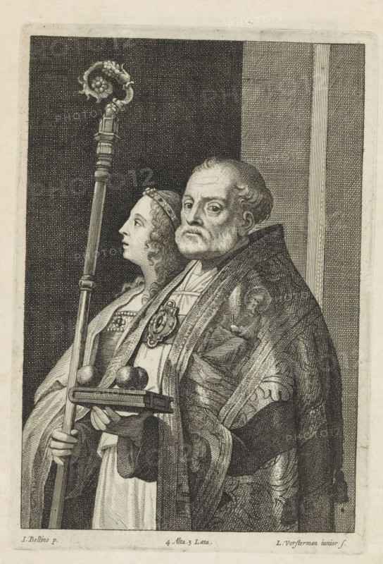 St. Nicholas of Myra and a female saint, print, album page, Saint Nicholas wears a bishop's robe. In his hands a bishop's staff and a book with three golden balls. Next to him a female saint, possibly Anastasia of Sirmium. This print is part of an album., printmaker: Lucas Vorsterman (II), Antwerp, after painting by David Teniers (II), Southern Netherlands, after painting by Antonello da Messina, Messina, after painting by Giovanni Bellini, Venice, Brussels, grantor of privilege: Spanish crown, 1660, Sicily, paper, etching, height 226 mm x width 154 mm, The image is based on a fragment of the altarpiece for the San Cassiano in Venice, which is in the collection of the Kunsthistorisches Museum in Vienna. The painted copy by Teniers is in the collection of Kenwood House in London. David Teniers probably produced an oil study on canvas or panel (so-called pasticcio) of every painting in the collection of Leopold William of Austria, which served as models for the printmakers. It is not alw...