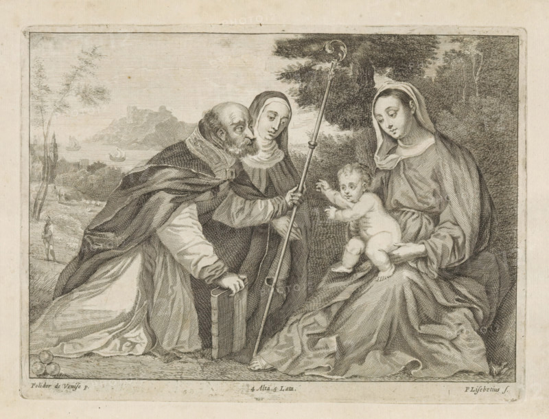 St. Nicholas of Myra kneels before Mary and the Christ Child, print, album page. In his hands a book and the bishop's staff. Beside him kneels a nun, possibly a female saint. In the foreground three golden balls. In the background a landscape. This print is part of an album., printmaker: Peter van Liesebetten, Antwerp, after painting by Polidoro da Lanciano, Venice, publisher: David Teniers (II), Brussels, grantor of privilege: Spanish Crown, 1660, Peter van Liesebetten, Polidoro da Lanciano, David Teniers (II), Spanish Crown, printmaker, after painting by, publisher, grantor of privilege, paper, etching, engraving, etching and engraving, height 171 mm x width 231 mm, David Teniers probably produced an oil study on canvas or panel (so-called pasticcio) of all the paintings in the collection of Leopold William of Austria, which served as models for the printmakers. It is not always clear whether the pasticci were made by him or by his studio. Not all pasticci have survived., landscapes ...