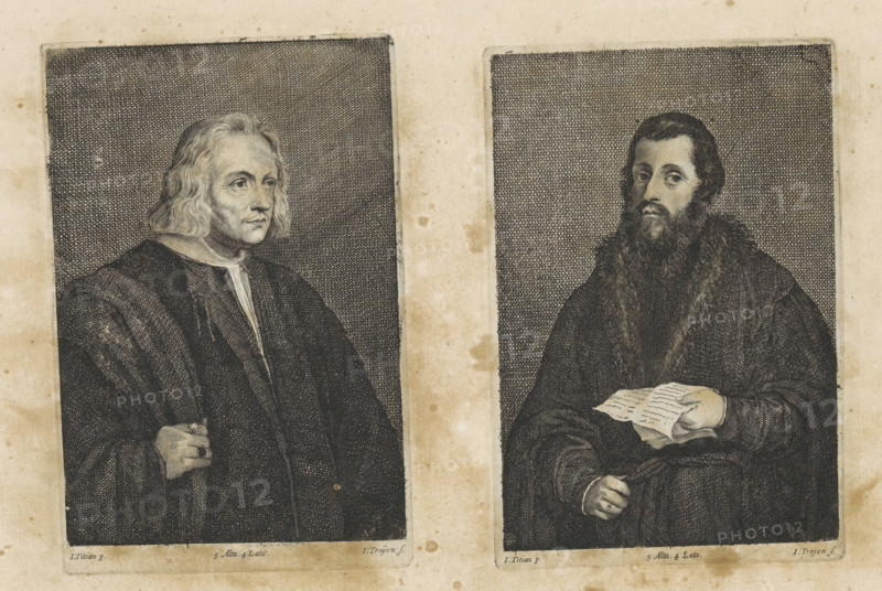 Portrait of the physician Gian Giacomo Bartolotti da Parma, print, album page, This print is part of an album., printmaker: Jan van Troyen, Southern Netherlands (possibly), after painting by David Teniers (II), after painting by Titian, Italy, Brussels, grantor of privilege: Spanish crown, 1660, paper, etching, height 173 mm x width 115 mm, The print was produced after the painting by Titian which is in the collection of the Kunsthistorisches Museum in Vienna (inventory number GG_94). David Teniers likely produced an oil study on canvas or panel (known as a pasticcio) of every painting in the collection of Leopold William of Austria, which served as models for the printmakers. It is not always clear whether the pasticci were made by him or by his studio. Not all pasticci have survived., Two engraved portraits printed side by side on aged paper show seated men framed by dark crosshatched backgrounds. The figure on the left is an older man with shoulder-length wavy hair, a lined face, an...