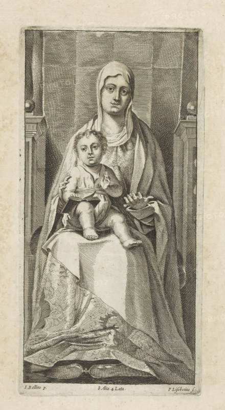 Seated Mary with Christ Child (Sedes sapientiae), print, album page, Mary is seated on a throne. An open book lies on the knee of the Christ Child. Christ makes the blessing gesture. This print is part of an album., printmaker: Peter van Liesebetten, Antwerp, after painting by Antonello da Messina, Messina, after painting by Giovanni Bellini, Venice, publisher: David Teniers (II), Brussels, grantor of privilege: Spanish crown, 1660, Sicily, paper, etching, engraving, etching and engraving, height 228 mm x width 115 mm, The image is based on a fragment of the altarpiece for the San Cassiano in Venice, which is in the collection of the Kunsthistorisches Museum in Vienna. David Teniers probably produced an oil study on canvas or panel (so-called pasticcio) of all the paintings in the collection of Leopold William of Austria, which served as models for the printmakers. It is not always clear whether the pasticci were made by him or by his studio. Not all pasticci have been handed down., 'S...