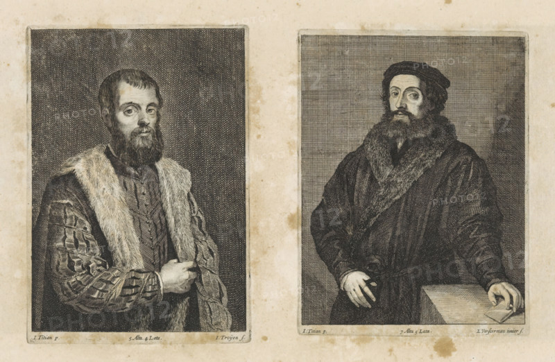 Portrait of an unknown man, print, album page, He is wearing a fur-trimmed cloak. This print is part of an album., printmaker: Jan van Troyen, Southern Netherlands (possibly), after painting by David Teniers (II), after painting by Titian, Italy, after painting by anonymous, Venice, Brussels, grantor of privilege: Spanish crown, 1660, paper, etching, height 166 mm x width 117 mm, David Teniers probably produced an oil study on canvas or panel (so-called pasticcio) of all the paintings in the collection of Leopold William of Austria, which served as a model for the printmakers. It is not always clear whether the pasticci were made by him or by his workshop. Not all pasticci have survived., anonymous historical person portrayed, Two rectangular engraved portraits appear side by side on a browned sheet of paper. The left portrait shows a bearded man facing slightly to his right, wearing a patterned garment with a fur-lined collar and a textured background of closely spaced dots and lines....