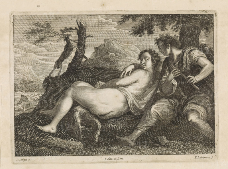 Shepherd by a nymph, print, album page, A naked nymph lies on an animal skin in a landscape. Beside her sits a shepherd with a flute. Behind them a leaping dog by a dead tree. On the left a farmer. This print is part of an album., printmaker: Peter van Liesebetten, Antwerp, after painting by Titian, Italy, publisher: David Teniers (II), Brussels, grantor of privilege: Spanish crown, 1660, paper, etching, engraving, etching and engraving, height 169 mm x width 230 mm, The print was produced after the painting by Titian which is in the collection of the Kunsthistorisches Museum in Vienna (inventory number GG_1825). David Teniers probably produced an oil study on canvas or panel (so-called pasticcio) of all the paintings in the collection of Leopold William of Austria, which served as a model for the printmakers. It is not always clear whether the pasticci were made by him or by his studio. Not all pasticci have been handed down., landscapes in the temperate zone, herding, herdsman, herds...