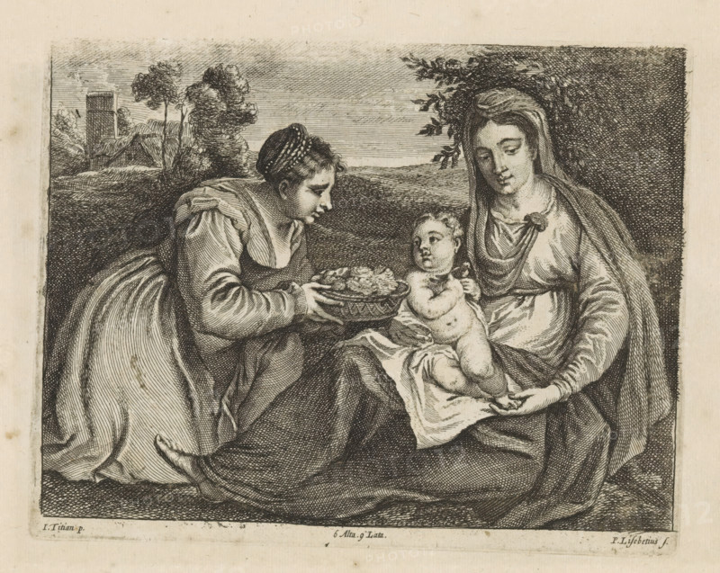 St. Dorothea offers the Christ Child a basket of flowers, print, album page, St. Dorothea kneels and offers Mary and the Christ Child a basket of flowers. In the background, buildings in a rolling landscape. This print is part of an album., printmaker: Peter van Liesebetten, Antwerp, after painting by Titian, Italy, publisher: David Teniers (II), Brussels, grantor of privilege: Spanish crown, 1660, paper, etching, height 157 mm x width 198 mm, David Teniers probably produced an oil study on canvas or panel (so-called pasticcio) of all the paintings in the collection of Leopold William of Austria, which served as a model for the printmakers. It is not always clear whether the pasticci were made by him or by his workshop. Not all pasticci have survived., landscapes in the temperate zone, Madonna: Mary sitting on the ground, the Christ-child in her lap, the virgin martyr Dorothea of Caesarea, possible attributes: basket of roses and apples, child with basket of roses, garland of roses, ro...