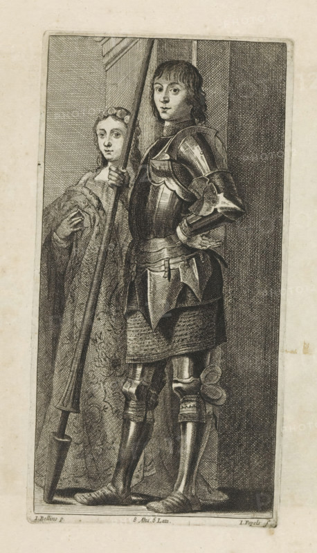 St. George and St. Cecilia, print, album page, Saint George holds a lance. This print is part of an album., printmaker: Johannes Popels, Antwerp, after painting by David Teniers (II), Southern Netherlands, after painting by Giovanni Bellini, Venice, after painting by Antonello da Messina, Brussels, grantor of privilege: Spanish crown, 1660, paper, etching, height 227 mm x width 116 mm, David Teniers probably produced an oil study on canvas or panel (so-called pasticcio) of all the paintings in the collection of Leopold William of Austria, which served as a model for the printmakers. It is not always clear whether the pasticci were made by him or by his workshop. Not all pasticci have survived., the warrior martyr George (Georgius), possible attributes: banner (red cross on white field), (red) cross, dragon, (white) horse, broken lance, shield (with cross), sword, female saints, the virgin martyr Cecilia of Rome, possible attributes: falcon, musical instruments, organ, wreath of roses a...
