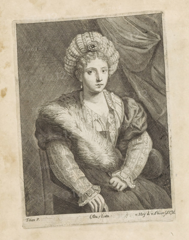 Portrait of Isabella d'Este, print, album page, On a chair in front of a drapery. This print is part of an album., printmaker: Frans van der Steen, Vienna, after drawing by Nikolaas van Hoy, after painting by Titian, Italy, publisher: David Teniers (II), Brussels, grantor of privilege: Spanish crown, 1660, Frans van der Steen, Nikolaas van Hoy, Titian, David Teniers (II), Spanish crown, printmaker, after drawing by, after painting by, publisher, grantor of privilege, Lower Austria, paper, etching, height 182 mm x width 134 mm, The print was produced after the painting by Titian which is in the collection of the Kunsthistorisches Museum in Vienna (inventory number GG_83). David Teniers likely produced an oil study on canvas or panel (so-called pasticcio) of every painting in the collection of Leopold William of Austria, which served as models for the printmakers. It is not always clear whether the pasticci were made by him or by his studio. Not all pasticci have survived., Person, Isabe...