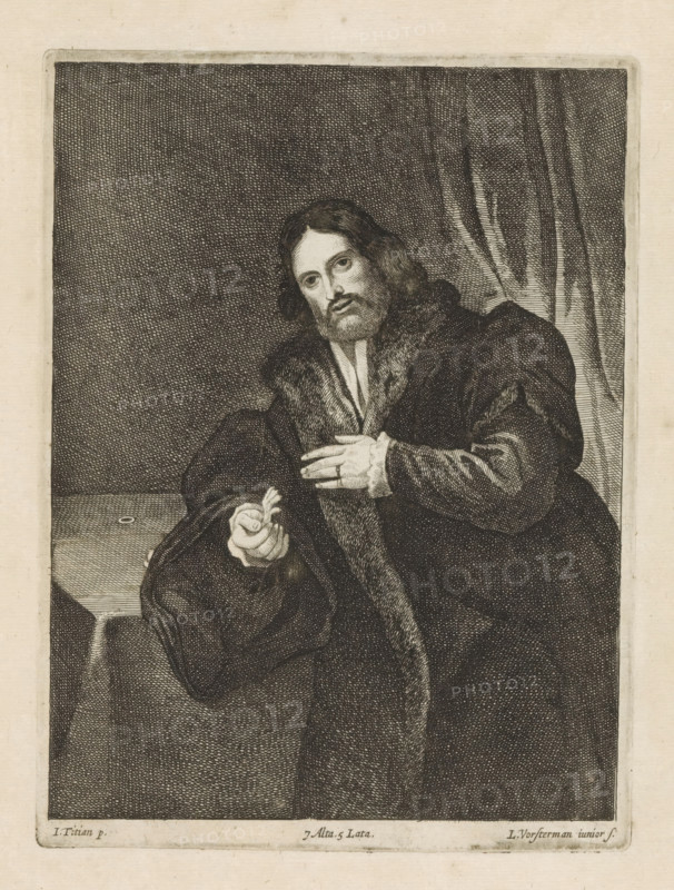 Portrait of a man with a golden claw, possibly Leonino Brembate, print, album page, He wears a fur-trimmed cloak. This print is part of an album., printmaker: Lucas Vorsterman (II), Southern Netherlands, after painting by Titian, Italy, after painting by Lorenzo Lotto, publisher: David Teniers (II), Brussels, grantor of privilege: Spanish crown, 1660, paper, etching, height 194 mm x width 145 mm, The print was produced after the painting by Lotto which is in the collection of the Kunsthistorisches Museum in Vienna (inventory number GG_265). David Teniers likely produced an oil study on canvas or panel (known as a pasticcio) of every painting in the collection of Leopold William of Austria, which served as models for the printmakers. It is not always clear whether the pasticci were made by him or by his studio. Not all pasticci have survived., A monochrome engraved portrait showing a seated man with shoulder-length hair and a beard, wearing a heavy fur-lined cloak and a garment with vis...