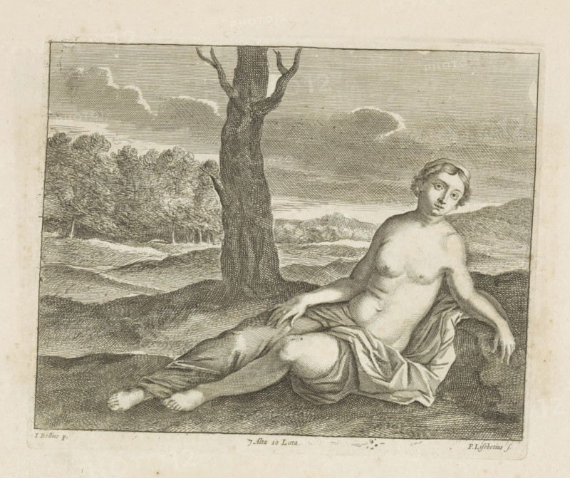 Lying woman in a landscape, print, album page, Possibly a nymph. This print is part of an album., printmaker: Peter van Liesebetten, Antwerp, after painting by Giovanni Bellini, Venice, publisher: David Teniers (II), Brussels, grantor of privilege: Spanish crown, 1660, paper, etching, height 171 mm x width 209 mm, David Teniers probably produced an oil study on canvas or panel (so-called pasticcio) of all the paintings in the collection of Leopold William of Austria, which served as a model for the printmakers. It is not always clear whether the pasticci were made by him or by his studio. Not all pasticci have survived., landscapes in the temperate zone, nymphs (in general), 'Ninfe in commune' (Ripa), the (nude) human figure, 'Corpo humano' (Ripa) - AA - female human figure (lying), A detailed engraved scene showing a partially clothed reclining figure with bare torso and draped lower cloth, seated on a textured ground with one hand resting on the fabric and the other arm extended to t...