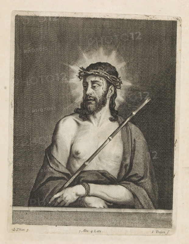 Ecce Homo, print, album page, Christ with crown of thorns, cloak and reed stalk as scepter. His wrists are bound. This print is part of an album., printmaker: Jan van Troyen, Southern Netherlands (possibly), after painting by Titian, Italy, publisher: David Teniers (II), Brussels, grantor of privilege: Spanish crown, 1660, paper, etching, engraving, etching and engraving, height 226 mm x width 174 mm, The print was produced after the painting by Titian which is in the collection of the Muzeul Na?ional Brukenthal in Sibiu (formerly in the Kunsthistorisches Museum in Vienna). David Teniers likely produced an oil study on canvas or panel (known as a pasticcio) of every painting in the collection of Leopold William of Austria, which served as models for the printmakers. It is not always clear whether the pasticci were made by him or by his studio. Not all pasticci have survived., Christ alone (also called 'Ecce Homo'), A monochrome engraved image of a bare-chested bearded man shown from th...
