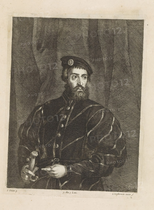 Portrait of an unknown man, print, album page, His right hand rests on his sword. He stands in front of a drapery. This print is part of an album., printmaker: Lucas Vorsterman (II), Southern Netherlands, after painting by David Teniers (II), after painting by Titian, Italy, Brussels, grantor of privilege: Spanish crown, 1660, paper, etching, height 235 mm x width 176 mm, The painted copy by Teniers after the original painting is located in the Suida-Manning collection in New York. David Teniers likely produced an oil study on canvas or panel (a so-called pasticcio) of every painting in the collection of Leopold William of Austria, which served as models for the printmakers. It is not always clear whether the pasticci were made by him or by his studio. Not all pasticci have survived., hacking and thrusting weapons: sword, anonymous historical person portrayed alone, A monochrome engraving of a bearded man shown from the waist up, seated against a draped background; he wears a dark hat ...