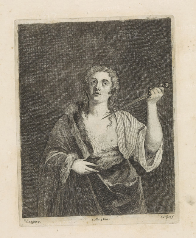 Death of Lucretia, print, album page, Lucretia is about to plunge a dagger into her breast. This print is part of an album., printmaker: Jan van Troyen, Southern Netherlands (possibly), after painting by David Teniers (II), after painting by Titian, Italy, after painting by anonymous, Venice, Brussels, grantor of privilege: Spanish crown, 1660, paper, etching, height 225 mm x width 173 mm, The print was produced after a Venetian painting located in the collection of the Kunsthistorisches Museum in Vienna (inventory number: GG_1571). David Teniers likely produced an oil study on canvas or panel (so-called pasticcio) of every painting in the collection of Leopold William of Austria, which served as models for the printmakers. It is not always clear whether the pasticci were made by him or by his studio. Not all pasticci have survived., death of Lucretia: she commits suicide by stabbing herself, A monochrome engraving of a person shown from the waist up against a dark crosshatched backgro...