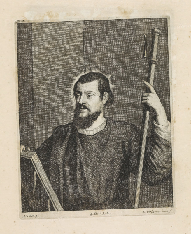 Portrait of Francesco Filetto as St. James the Greater, print, album page, With halo, book and pilgrim's staff. This print is part of an album., printmaker: Lucas Vorsterman (II), Southern Netherlands, after painting by David Teniers (II), after painting by Titian, Italy, publisher: David Teniers (II), Brussels, grantor of privilege: Spanish crown, 1660, Lucas Vorsterman (II), David Teniers (II), Titian, Spanish crown, printmaker, after painting by, publisher, grantor of privilege, paper, etching, engraving, etching and engraving, height 217 mm x width 170 mm, The print was produced after the painting by Titian which is in the collection of the Kunsthistorisches Museum in Vienna (inventory number GG_72). The painted copy by Teniers is also located there (inventory number GG_9707). David Teniers probably produced an oil study on canvas or panel (so-called pasticcio) of all the paintings in the collection of Leopold William of Austria, which served as models for the printmakers. It is no...