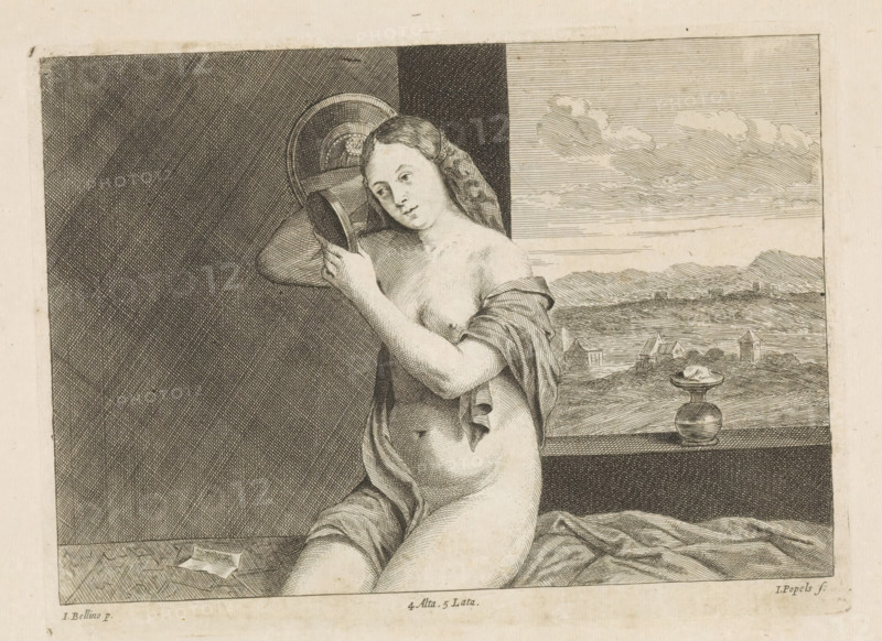 Sitting nude woman with mirror, print, album page, A nude woman sits on a bench and looks at her hair in a mirror. Behind her, a view of a rolling landscape. This print is part of an album., printmaker: Johannes Popels, Antwerp, after painting by Giovanni Bellini, Venice, publisher: David Teniers (II), Brussels, grantor of privilege: Spanish crown, 1660, paper, etching, engraving, etching and engraving, height 167 mm x width 227 mm, Print after the painting by Giovanni Bellini (1515), which is in the collection of the Kunsthistorisches Museum in Vienna (inventory number: GG_97). David Teniers probably produced an oil study on canvas or panel (so-called pasticcio) of every painting in the collection of Leopold William of Austria, which served as models for the printmakers. It is not always clear whether the pasticci were made by him or by his studio. Not all pasticci have survived., (high) hill, looking in the mirror, (possibly: contemplation of own beauty - AA - (for) women), the (nude...