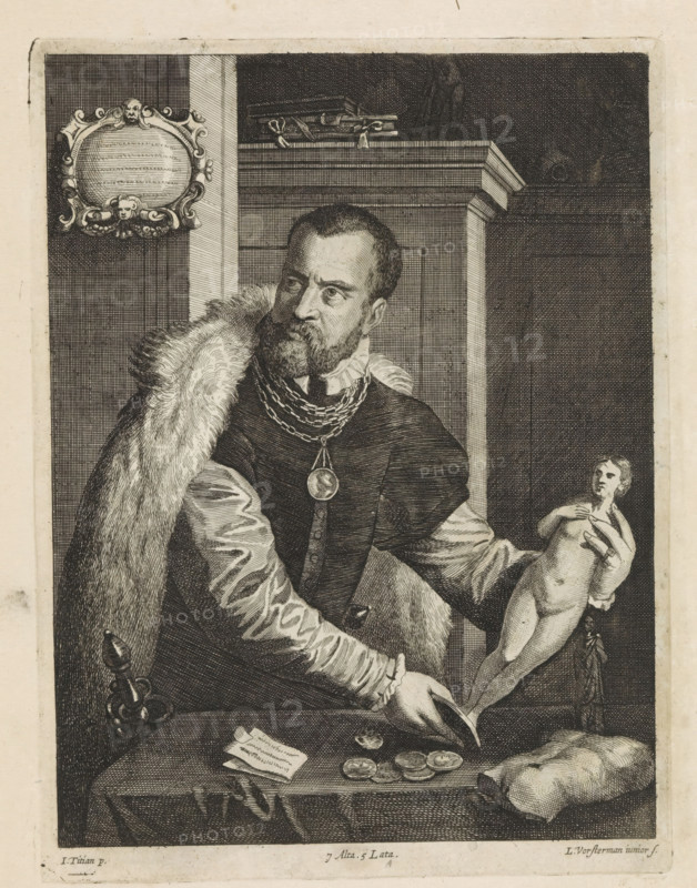 Portrait of Jacopo Strada, print, album page, He wears a fur cape and holds a statue. He stands by a table in an interior. On the table lie medals and statues. Above a cartouche. This print is part of an album., printmaker: Lucas Vorsterman (II), Southern Netherlands, after painting by Titian, Italy, publisher: David Teniers (II), Brussels, grantor of privilege: Spanish crown, 1660, paper, etching, engraving, height 232 mm x width 175 mm, The print was produced after the painting by Titian which is in the collection of the Kunsthistorisches Museum in Vienna (inventory number GG_81). David Teniers likely produced an oil study on canvas or panel (known as a pasticcio) of every painting in the collection of Leopold William of Austria, which served as models for the printmakers. It is not always clear whether the pasticci were made by him or by his studio. Not all pasticci have survived., Person, Jacopo Strada, historical persons, A monochrome engraved portrait of a man seated at a table, ...