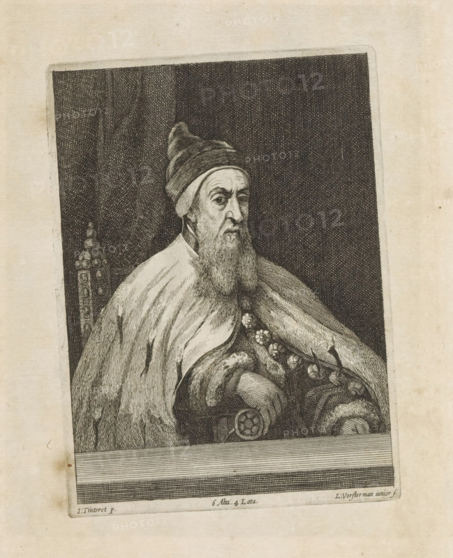 Portrait of Doge Nicolò da Ponte, print, album page, He is sitting at a table. This print is part of an album., printmaker: Lucas Vorsterman (II), Southern Netherlands, after painting by David Teniers (II), after painting by Jacopo Tintoretto, Italy, Brussels, grantor of privilege: Spanish Crown, 1660, paper, etching, height 173 mm x width 127 mm, The painted copy by Teniers of the original painting is in the collection of The Courtauld Gallery in London. David Teniers likely produced an oil study on canvas or panel (known as a pasticcio) of every painting in the collection of Leopold William of Austria, which served as models for the printmakers. It is not always clear whether the pasticci were made by him or by his studio. Not all pasticci have survived., Person, Nicolò da Ponte, historical persons, other sovereign: doge, A detailed black and white engraving of an elderly bearded man seated in a high-backed chair, wearing a rounded hat and a heavy fur-lined cloak with visible texture...