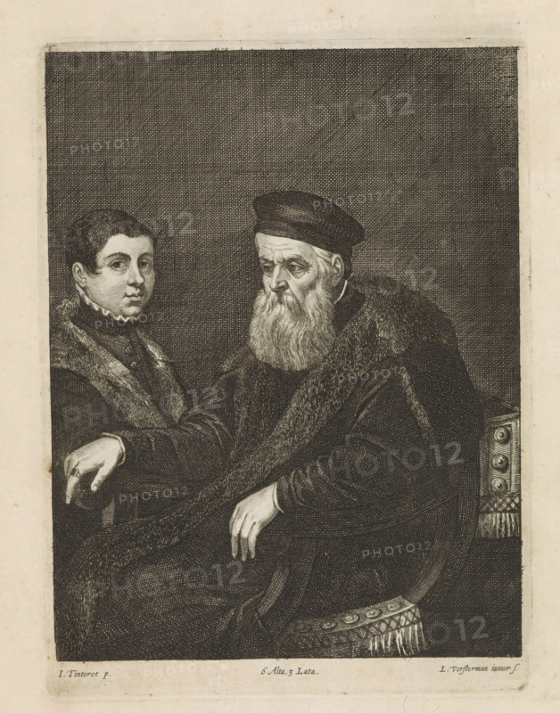 Portrait of an unknown old man and a boy, print, album page, The old man, probably a nobleman, is sitting on a chair. Standing beside him is a boy in a fur-trimmed cloak. This print is part of an album., printmaker: Lucas Vorsterman (II), Antwerp, after painting by David Teniers (II), Southern Netherlands, after painting by Jacopo Tintoretto, Italy, Brussels, grantor of privilege: Spanish crown, 1660, paper, etching, engraving, etching and engraving, height 231 mm x width 172 mm, The print was produced after the painting by Tintoretto which is in the collection of the Kunsthistorisches Museum in Vienna (inventory number GG_37). David Teniers probably produced an oil study on canvas or panel (so-called pasticcio) of all the paintings in the collection of Leopold William of Austria, which served as a model for the printmakers. It is not always clear whether the pasticci were made by him or by his studio. Not all pasticci have survived., boy (child between toddler and youth), anonymous hi...
