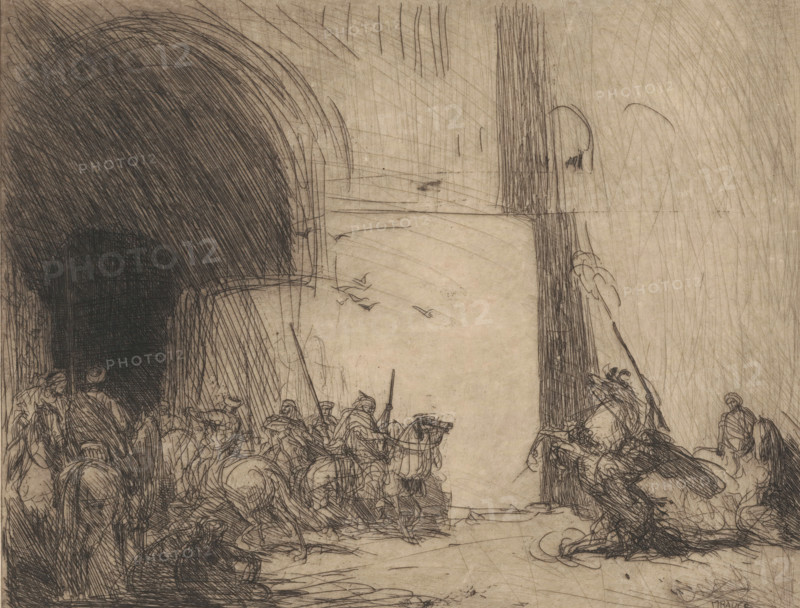Fantasia, print, A group of horsemen at a gate. On the right, a horseman on a rearing horse. He fires a shot with his rifle., inscription: 'not for sale', printmaker: Marius Bauer (signed by artist), 1902, paper, etching, intaglio printmaking technique, etching with plate tone, height 296 mm x width 373 mm, A wide, finely hatched ink drawing showing two tall vertical openings with a bright rectangular space between them, populated along the lower edge by a crowd of figures and horses rendered in loose, energetic lines; the left opening is filled with dense, dark cross-hatching while the right opening has vertical hatching and a lighter interior, and small curved marks suggest birds in the brighter central sky; the clustered figures at the bottom are sketched in varied postures with riders, raised arms, and pole-like implements, and to the right a few figures sit or kneel with flowing garments and rounded heads, all set against a textured, paper-toned background covered with sweeping, d...