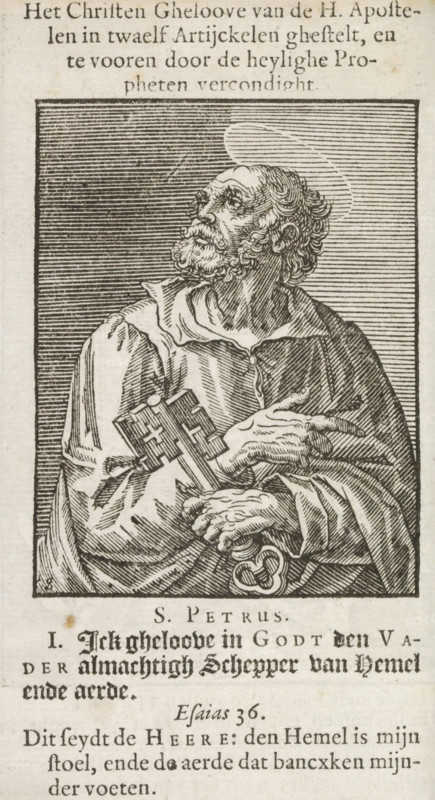 St. Peter, Apostle Peter, Christ, Mary and the twelve apostles, print, album page, book illustration, Series number, 1, 12, The Apostle Andrew, with the key to the gates of heaven as an attribute. Numbered I below the image. Accompanying this is a Dutch caption with a line from the Creed and a line of text from Esaiah 36., printmaker: Christoffel van Sichem (II), Amsterdam, after print by Johann Sadeler (I), after design by Maerten de Vos (attributed to), publisher: Pieter Jacobsz. Paets, 1646, Johann Sadeler (I), after print by, Attributed to, paper, woodcut, letterpress printing, paste, woodcut pasted onto album page, text in letterpress, height 83 mm x width 64 mm, height 125 mm x width 87 mm, The print originates from one of the publications by PJ Paets from Amsterdam. The print may possibly already be used in: Der Zielen Lust-hof. Leuven, I. Jacobsz for PJ Paets = Amsterdam, PJ Paets, 1629. In any case, it appears in: Het Nieuwe Testament ons Salichmaeckers Jesu Christi. Amsterdam...