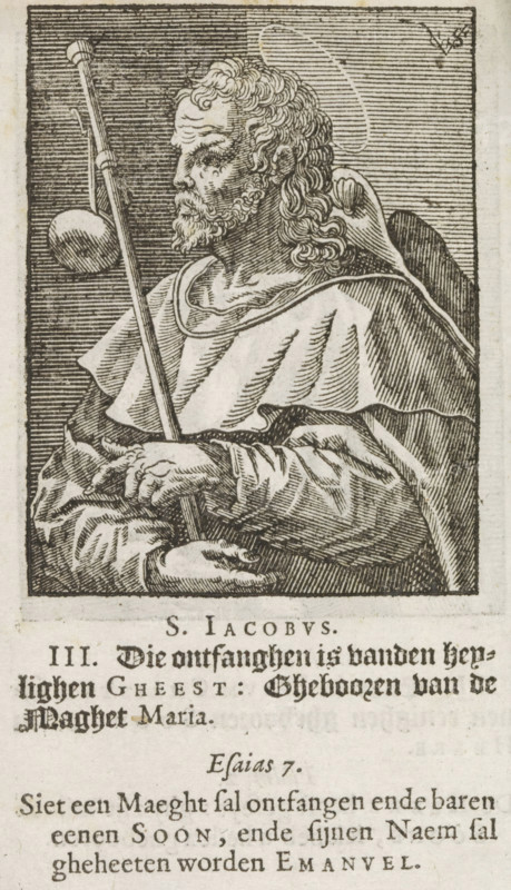 S. Jacobus, Apostle James the Greater, Christ, Mary and the twelve apostles, print, album page, book illustration, Series number, 3, 12, The Apostle James the Greater, with the pilgrim's staff as an attribute. Numbered III below the image. Accompanying this is a Dutch caption with a line from the Creed and a line of text from Isaiah 7., printmaker: Christoffel van Sichem (II), Amsterdam, printmaker: Christoffel van Sichem (III), after print by Raphaël Sadeler (I), after design by Maerten de Vos (attributed to), publisher: Pieter Jacobsz. Paets, in or after 1629 - in or before 1646, Christoffel van Sichem (II), Christoffel van Sichem (III), Raphaël Sadeler (I), Maerten de Vos, Pieter Jacobsz. Paets, after print by, after design by, publisher, Attributed to, paper, woodcut, letterpress printing, pastes, woodcut attached to album page, text in letterpress, height 82 mm x width 62 mm, height 125 mm x width 87 mm, The print originates from one of the publications by PJ Paets from Amsterdam....