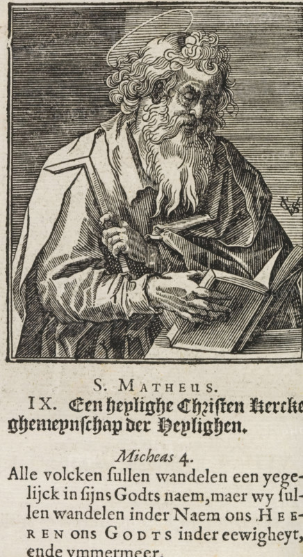 S. Matthew, Apostle Matthew, Christ, Mary and the twelve apostles, print, album page, book illustration, Series number, 9, 12, The Apostle Matthew, with the drawing triangle and a book as attributes. Numbered IX below the image. Accompanying this is a Dutch caption with a line from the Creed and a line of text from Micah 2., printmaker: Christoffel van Sichem (II), Amsterdam, after print by Johann Sadeler (I), after design by Maerten de Vos (attributed to), publisher: Pieter Jacobsz. Paets, in or after 1629 - in or before 1646, Johann Sadeler (I), after print by, Attributed to, paper, woodcut, letterpress printing, paste, woodcut attached to album page, text in letterpress, height 75 mm x width 65 mm, height 118 mm x width 82 mm, The print originates from one of the publications by PJ Paets from Amsterdam. The print may possibly already be used in: Der Zielen Lust-hof. Leuven, I.Jacbosz for PJ Paets = Amsterdam, PJ Paets, 1629. In any case, it appears in: Het Nieuwe Testament ons Salic...