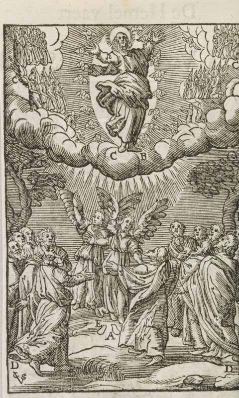 Ascension of Christ, print, album page, book illustration, Christ, with raised hands, is taken up into heaven. His disciples look on in wonder. Two angels keep an eye on them. Letters are placed next to various elements of the image., printmaker: Christoffel van Sichem (II), Amsterdam, after print by Johannes Wierix, Antwerp, after design by Bernardino Passeri, publisher: Pieter Jacobsz. Paets, 1629, Johannes Wierix, after print by, paper, woodcut, pastes, woodcut attached to album page, height 131 mm x width 84 mm, The print originates from one of the publications by PJ Paets of Amsterdam. The print is first used in: Der Zielen Lust-hof. Leuven, I. Jacobsz for PJ Paets = Amsterdam, PJ Paets, 1629. The illustration is copied from a print by Johannes Wierix for: Nadal, Jerónimo. Evangelicae Historiae Imagines. Antwerp, M. Nutius, 1593., the Ascension (Christ surrounded by radiant light or in a mandorla), A detailed black and white woodcut shows a robed central figure standing on a cloud...