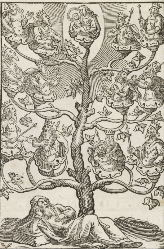 Tree of Jesse, print, album page, book illustration, The Tree of Jesse. In the foreground, Jesse lies with his elbow resting on a stone. A tree grows from his loins, on the branches of which are the ancestors of Christ. At the top, Mary with Child., printmaker: Christoffel van Sichem (II), Amsterdam, after print by Hieronymus Wierix, Antwerp, after design by Hans Bol, publisher: Pieter Jacobsz. Paets, 1629, Hieronymus Wierix, after print by, paper, woodcut, pastes, woodcut attached to album page, height 115 mm x width 86 mm, The print originates from one of the publications by PJ Paets from Amsterdam. The print is first used in: Der Zielen Lust-hof. Leuven, I.Jacobsz for PJ Paets = Amsterdam, PJ Paets, 1629., tree of Jesse: genealogical tree showing Christ's ancestors, sprouting from Jesse's loins, A woodcut shows a large central tree with a thick trunk and winding branches and leaves, extending upward and outward across the image. At the top of the tree sits a seated woman holding a c...