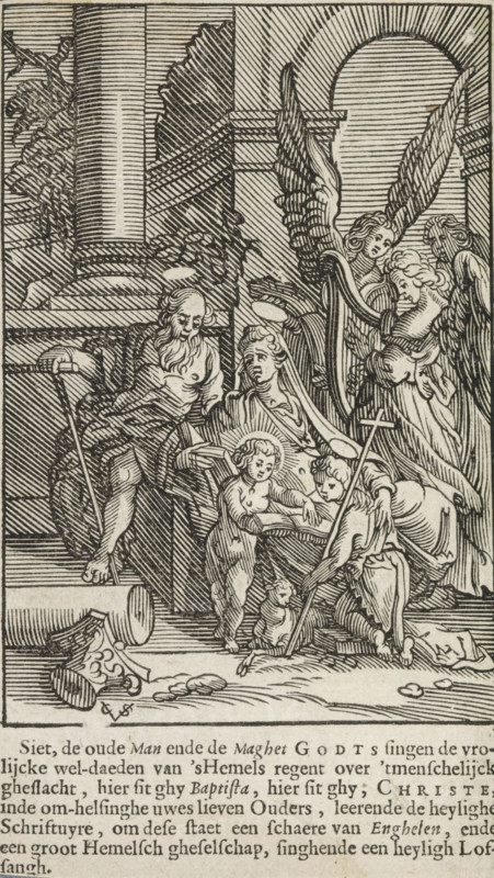 Holy Family with John the Baptist, print, album page, book illustration, The Holy Family with John the Baptist as a child. In the background three angels, one of whom plays the harp while another sings., printmaker: Christoffel van Sichem (II), Amsterdam, after print by Johann Sadeler (I), publisher: Pieter Jacobsz. Paets, in or after 1629 - in or before 1646, Johann Sadeler (I), after print by, paper, woodcut, letterpress printing, paste, woodcut and text in letterpress, attached to album page, height 110 mm x width 75 mm, height 135 mm x width 89 mm, The print originates from one of the publications by PJ Paets from Amsterdam. The print may already be used in: Der Zielen Lust-hof. Leuven, I.Jacbosz for PJ Paets = Amsterdam, PJ Paets, 1629. In any case, it appears in: Het Nieuwe Testament ons Salichmaeckers Jesu Christi. Amsterdam, 1646., harp, angels singing, making music, A densely hatched black and white scene shows a group of robed figures gathered in an architectural setting with...
