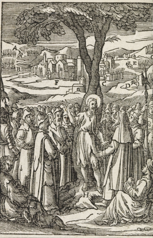 Preaching of John the Baptist, print, album page, book illustration, John the Baptist, in a camel skin, preaching by a tree in the midst of the people. Letters are placed next to various elements of the image., printmaker: Christoffel van Sichem (II), Amsterdam, after print by Hieronymus Wierix, Antwerp, after design by Bernardino Passeri, publisher: Pieter Jacobsz. Paets, 1629, Hieronymus Wierix, after print by, paper, woodcut, panels, woodcut attached to album page, height 108 mm x width 78 mm, The print originates from one of the publications by PJ Paets of Amsterdam. The print is first used in: Der Zielen Lust-hof. Leuven, I. Jacobsz for PJ Paets = Amsterdam, PJ Paets, 1629. The illustration is copied from a print by Hieronymus Wierix for: Nadal, Jerónimo. Evangelicae Historiae Imagines. Antwerp, M. Nutius, 1593., John preaching, A densely detailed black and white woodcut shows a large crowd of robed figures gathered beneath a pair of tall trees with broad, textured canopies; a cen...
