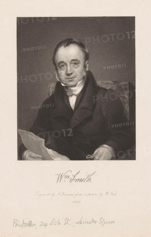 Portrait of William Smith, print seller in London, Wm. Smith, print, printmaker: Samuel Freeman, after painting by William Fisk, 1836, chine collé, paper, etching, stipple work, etching and stipple work on chine collé, height 229 mm x width 145 mm, Person, William Smith, antique dealer (graphic arts), A monochrome engraved portrait of a seated man shown from the waist up, facing forward with a neutral expression, wearing a dark double-breasted coat and a light cravat at his neck; he holds a folded sheet of paper in one hand and a small round object in the other while sitting against a patterned chair back, all set against a dark textured rectangular background framed by a wide pale margin.