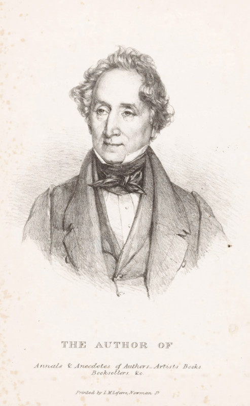 The author of annals & anecdotes of authors - artists books, booksellers &c., Portrait of a writer, print, printer (person): Louis Marie Lefevre, London, c. 1831 - c. 1838, printmaker, printer (person), paper, lithography, height 237 mm x width 163 mm, writer, poet, author, A monochrome pencil portrait of a man shown from the chest up, with wavy hair swept back, a high forehead, and defined facial features including eyes looking slightly to his side and a composed expression, wearing a high-collared shirt, a tied neckcloth, a waistcoat, and a dark overcoat, all rendered with fine shading on a light, slightly speckled background.