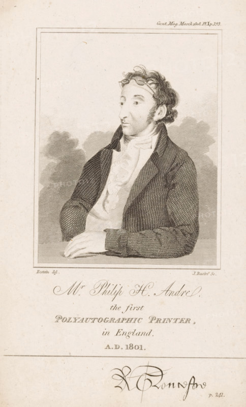 Mr. Philip H. Andre the first polyautographic printer, in England ad 1801., Portrait of Philip H. Andre, the first stone printer in England, illustration, print, printmaker: James Basire (II), after drawing by John Eckstein, 1808, paper, etching, engraving, etching and engraving, height 199 mm x width 122 mm, Print from: The Gentleman's Magazine: and Historical Chronicle. For the Year 1808., Person, Philipp André, printer, A sepia-toned engraved portrait of a seated man shown from the waist up within a rectangular frame, wearing a dark textured coat over a light ruffled shirt and resting his folded hands on a flat surface, with wavy hair held back by a thin band and a pair of small round glasses perched on his forehead, his face turned slightly to the side and set against a softly shaded background.