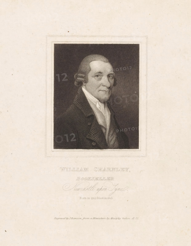 Portrait of William Charnley, bookseller in Newcastle upon Tyne, William Charnley, Bookseller Newcastle upon Tyne, print, printmaker: Thomas Frazer Ranson, after painting by Denis Brownell Murphy, 1817, paper, etching, engraving, etching and engraving, height 249 mm x width 165 mm, Person, book-shop, bookseller, A rectangular engraved portrait of an older man shown from the chest up, turned slightly to his left, set within a thin lined border on a light textured background; the man has short hair styled with rolled side curls, a high forehead, prominent eyebrows, and a composed expression, wearing a dark textured coat with wide lapels over a light high-collared shirt and cravat, with fine parallel engraving lines creating shading and detail.
