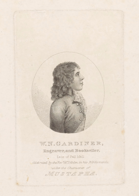 WN Gardiner, Engraver, and Bookseller, Late of Pall Mall, Portrait of William Nelson Gardiner, printmaker and bookseller in London, print, 1809 - c. 1825, printmaker, paper, etching, stipple work, etching with stipple work, height 167 mm x width 104 mm, Person, William Nelson Gardiner, portrait, self-portrait of graphic artist, A sepia-toned engraved portrait shows a person in profile facing right, depicted from the chest up inside an oval frame; the person has wavy shoulder-length hair, a high-collared coat with visible buttons, and a ruffled shirt front, with fine dot-and-line shading defining facial features and clothing, all set against a light, textured paper background with faint rectangular border marks around the page.