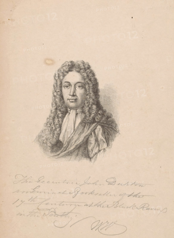 Portrait of John Dunton, bookseller in London, print, annotation: 'The eccentric John Dunton, an Eminent Bookseller of the, 17th Century at the Black Raven, in the Poultry, c. 1825 - c. 1900, printmaker, paper, lithography, height 226 mm x width 164 mm, Person, John Dunton, book-shop, bookseller, A sepia-toned pencil or charcoal portrait of a person with long, tightly curled hair cascading past the shoulders, a smooth face with neutral expression, slightly arched eyebrows, and full lips, dressed in draped garments and a high-necked cravat, set against a plain background with faint shading to one side and some small blemishes on the paper.