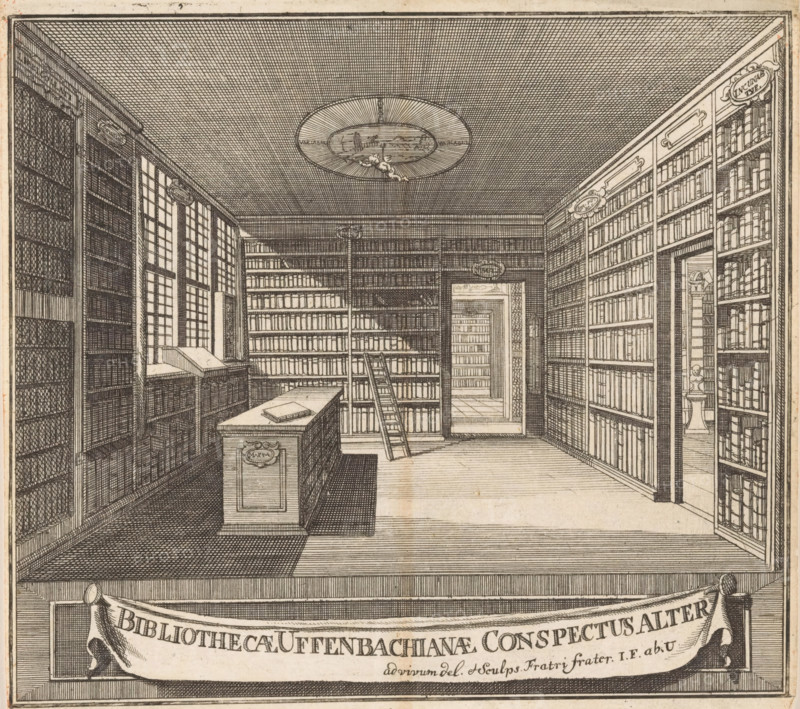 Title page for: Bibliotheca Uffenbachiana Universalis, 1729-1731, Bibliothecae Uffenbachianae conspectus alter, Library of Zacharias Conrad von Uffenbach, print, title page, Interior of the library of Zacharias Conrad von Uffenbach in Frankfurt am Main. The library consists of several rooms. In the front room stands a cabinet with maps. In the cabinet on the right are incunabula. A putto hangs from the ceiling., printmaker: Johann Friedrich von Uffenbach, publisher: Paul Heinrich Hort, Frankfurt am Main, publisher: Johann Balthasar Diehl, 1729 - 1731, Hessen, paper, etching, height 172 mm x width 187 mm, Title page for: Bibliotheca Uffenbachiana Universalis. 4 parts. Frankfurt am Main: Paul Heinrich Hort and Johann Balthasar Diehl, 1729-1731., cupids: 'amores', 'amoretti', 'putti', study, 'studiolo', library, An interior view of a room lined with tall bookshelves filled with uniformly sized volumes, a central island table with a closed book on top, a ladder leaning against a shelf, lar...