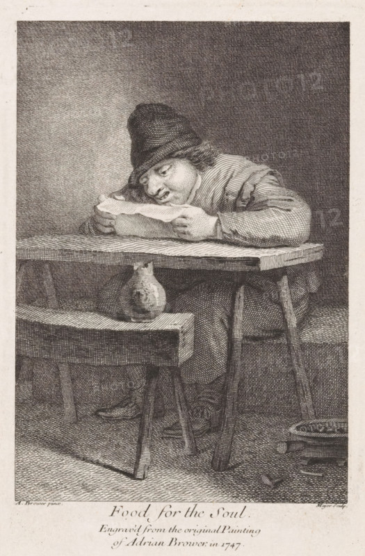 Food for the Soul, Reading farmer at a table, print, The farmer reads a letter or newspaper., printmaker: Thomas Major, after painting by Adriaen Brouwer, 1747, paper, etching, engraving, etching and engraving, height 185 mm x width 120 mm, farmers, reading, A monochrome engraved scene shows a person seated at a wooden table, leaning forward with forearms resting on the tabletop and holding a sheet of paper close to their face. The person wears a soft brimmed hat and a loose, long-sleeved garment with visible folds, and their facial features are rendered in fine line work with eyes directed at the paper. Under the table a rounded jug with a narrow neck sits on a lower plank, and a simple bench with angled legs is positioned in front of the table. The floor has a textured pattern and a shallow dish or basin rests to the side on the floor near a few small scattered objects. The background is uniformly shaded with crosshatch engraving, and the entire composition is detailed with dense par...