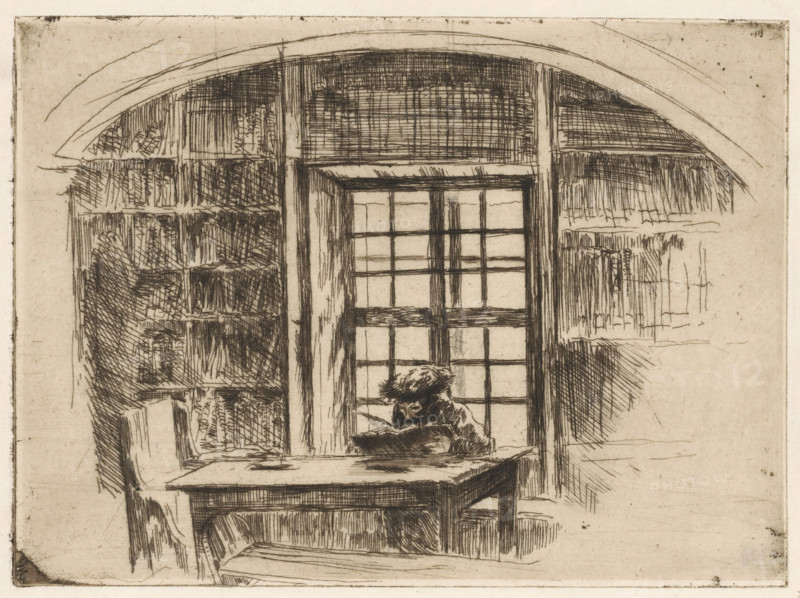 Beim Thorastudium, Torah study in Mukacheve, print, A Jewish man with a fur hat sits at a table in a study reading., watermark: 'Van Gelder fragment', signature, printmaker: Ernst Oppler (signed by artist), c. 1915, paper, etching, intaglio printmaking technique, etching with plate tone, height 129 mm x width 176 mm, study, 'studiolo', library, Jewish religion and culture, Ukraine, Mukachevo, A sketched interior view showing a tall arched window with many small panes flanked by shelves filled with stacked objects that resemble books, a table positioned before the window with an open book on it, and a seated figure leaning over the book wearing a textured hat; the scene is rendered in fine dark lines on a light paper background with crosshatching and sketch marks throughout.