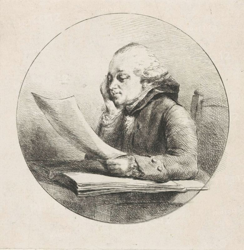 Portrait of a man, possibly Hugues-Adrien Joly, print, seated at his desk with a sheet of paper in his hand. This portrait possibly depicts Hugues-Adrien Joly, curator of the print cabinet of the Royal Library in Paris., inscription: 'HA Joly, garde du cabinet des estampes', c. 1750 - c. 1850, printmaker, paper, etching, height 172 mm x width 171 mm, historical persons, art collection, art gallery, A monochrome etching shows a seated figure inside a circular frame holding a large sheet of paper, the figure resting a hand against a cheek while gazing at the sheet; the person wears a high-collared coat with visible ornate cuff details and buttons, and hair styled back with soft waves. The chair back is partially visible behind the figure, and a stack of papers or a book lies on the table beneath the sheet. Crosshatched shading fills the circular background and the table area, and fine linework defines facial features, clothing folds, and the texture of the papers. The surrounding page ou...