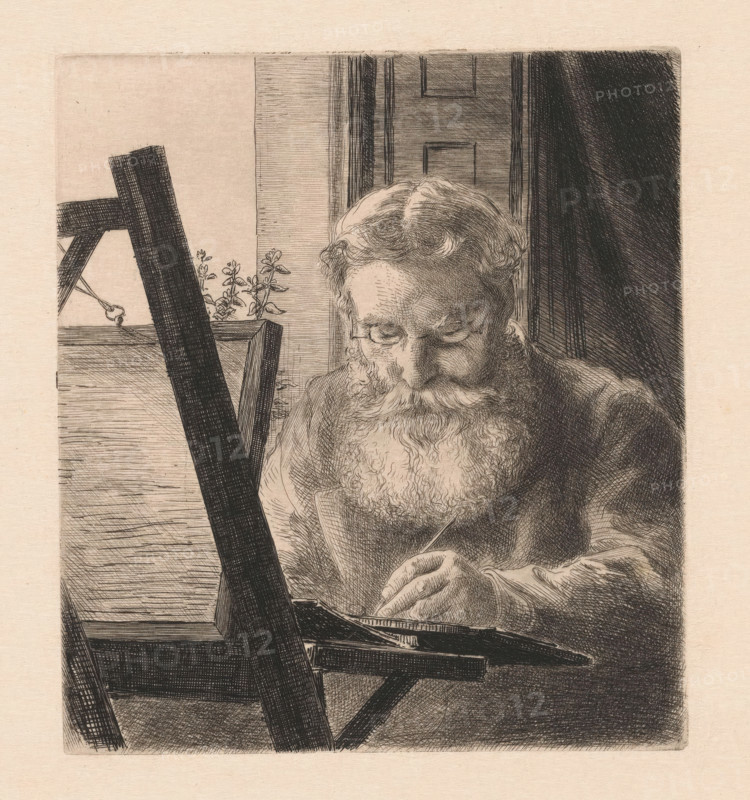 Portrait of artist Edwin Edwards, print, Portrait of the English artist Edwin Edwards at work behind an easel in front of the window. He is wearing glasses and in his left hand he holds an etching needle., printmaker: Félix Bracquemond, 1872, paper, etching, drypoint, etching and drypoint, height 164 mm x width 146 mm, Person, Edwin Edwards, tools, implements of graphic artist, artist at work, in his workshop, easel, A sepia-toned etching shows an older man with a long, curly beard and wavy hair leaning forward and looking down as he holds a thin tool over a flat surface, his furrowed forehead and closed eyes rendered with fine crosshatching; in the foreground an angled wooden easel or frame occupies the left side, and behind the man a paneled door and a dark curtain create vertical contrasts, while a small cluster of potted leaves peeks out near the middle left.