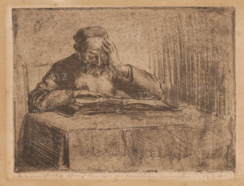 Reading Jewish man, print, Behind a table sits a Jewish man with a beard and a yarmulke reading an open book. He supports his head with his left hand, his right hand rests on the book., watermark: 'DREY, GF', dedication: 'Herr I. Kan ... freundlichen Erinnerung', printmaker: Hermann Struck (signed by artist), 1908, 1920-03-12, paper, drypoint, intaglio printmaking technique, drypoint with plate tone, height 157 mm x width 202 mm, reading, book, the Jews, Jewish life, A monochrome sketch shows an elderly man seated at a table with his head resting on one hand and the other hand placed on an open book, his face bowed and eyes cast downward. He has a beard and wears a cap and a heavy garment with visible folds and textured shading. The table in front of him is draped with a cloth and the open book displays visible pages and lines of shading. The background is textured with vertical and mottled shading, framed by a darker rectangular border. The image has a worn paper tone with uneven edge...